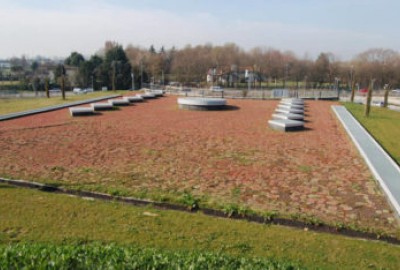 Mit Bäumen bepflanztes Dach mit System DRAINROOF für gutes Regenwasser Management