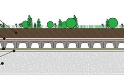 Querschnitt zur Dach-Bepflanzung mit Sträuchern über DRAINROOF Wasser-Management