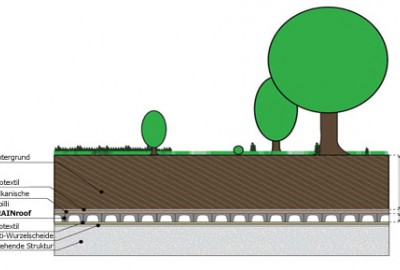 Querschnitt zur Dach-Bepflanzung mit Bäumen über DRAINROOF Wasser-Management